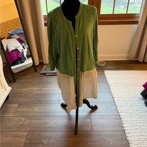 LOGO by Lori Goldstein Green and Cream Button Down Shirt